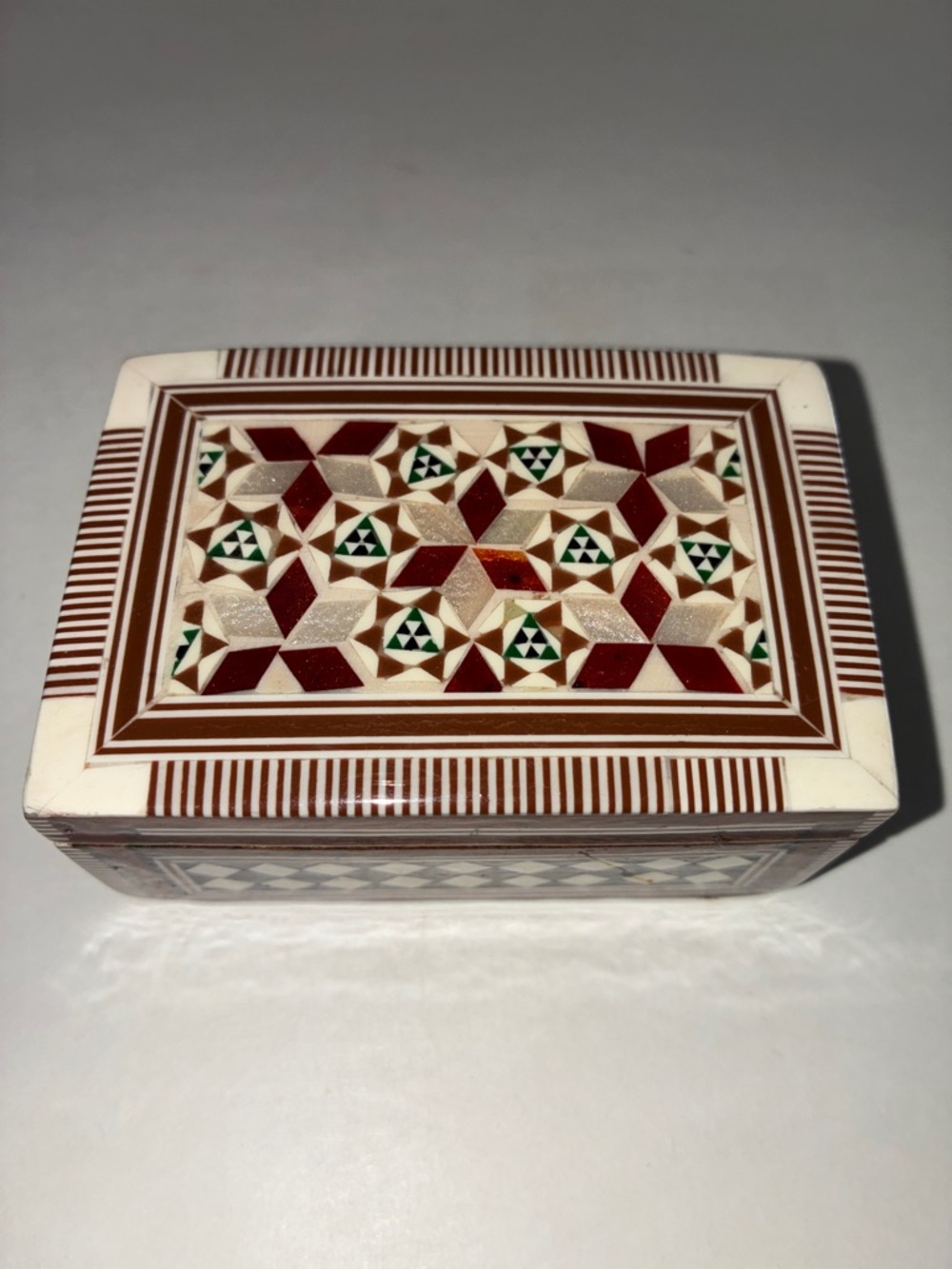 Egyptian Inlaid Geometric Trinket Box - Brown, Cream, Green